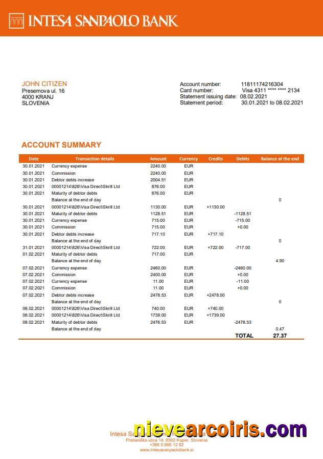 Slovenia Intesa Sanpaolo Bank, Poslovalnica Koper bank statement in Word and PDF format